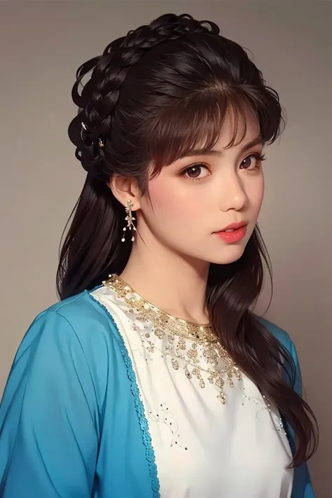 1girl,earrings,solo,jewelry,long_hair,lips,realistic,brown_eyes,<lora:WengMeiLing01:0.8>,