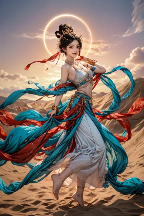 (Highest picture quality), (ultra-detailed), (sharp focus), close-up, (depth of field), RAW, realistic, colorful, vivid colors, (masterpiece), (best quality), photorealistic, absurdres, highres, intricate details, maximum details, delicate, HD, rich details, extremely exquisite, original, official art, beautiful and aesthetic, BREAK, detailed eyes, detailed skin, detailed face, Good anatomy, good structure, Good composition, perfect composition, amazingly realistic render in 4k, golden ratio, hand of Guido Daniele, BREAK, (explosive light and shadow:1.1), extremery detailed cg, (rim lighting:1.1), (two tone lighting:1.1), (Rembrandt lighting:1.1), anime aesthetic, anime coloring, best illustration, BREAK, 1girl, solo, 20 years old, pov, face focus, emotional, symmetrical, (looking at viewer:1.2), stunning innocent symmetry face, ulzzang, blush, (PureErosFace_V1:0.7), cute Ethereal Female, shiny skin, skinny, slender body, narrow waist, huge breasts, petite, smile, happy, parted lips, cute, Makeup, ultra detailed beautiful big brown eyes, shiny eyes, wide-eyed, open mouth, bangs, red lips, (caramel brown long hair:1.1), dhs, instrument, pipa \(instrument\), Rebounding lute, barefoot, cloud, sky, desert, blue sky, flying, aura, dancing, bare shoulders, (ethereal:1.4), floating, beautiful, soft smiling, detailed iris, vibrant, film grain, natural skin texture, full body, curvy body, female focus, girl flies through the air, huge dreamy clouds and a fantasy desert below, adventure in the sky, aerial view, Fantasy Style, detailed landscape, atmospheric lighting, vast perspective in the background, vast sky, (Exaggerated perspective:1.1), (ultra wide shot:1.1), (foreshortening:1.1), (fish-eye len, fish eye angle:1.1), (drawing with depth:1.1), (wide vision:1.1), (wide angle:1.1), (Perspective:1.1), lens flare, glare, beautiful sky, far away light, gentle breeze, Dazzling Atmosphere, (dynamic pose), (dynamic action), magic of light, sunset, golden hour, morning glow, dusk, (front view:1.1), glowing, beautiful detailed background, Scenes with extreme detail, over the top beautiful, 8k_wallpaper, extremely detail artwork, BREAK, <lora:add_detail:1>, <lora:epi_noiseoffset2:1>, <lyco:neg4all_bdsqlsz_V3.5:1>, <lyco:GoodHands-beta2:1>, <lora:AiOMG-æ¢¦ä¸æ
äººè¸æ¨¡DreamLoverFace_Lora_V1.0:1>, <lora:D&H _ æ¦ç
é£å¤©é£æ ¼æ»¤é_v1:0.75>