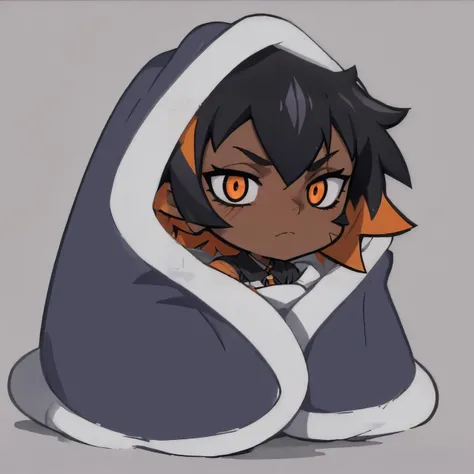 (masterpiece, best quality), anihh, slit pupils, dark-skinned female, black hair, orange colored inner hair, <lora:AniwarsHellhound_V1-Manityro:0.6>,, cozyblanket, chibi, simple background, <lora:cozyblanket-nvwls-v1:1>,