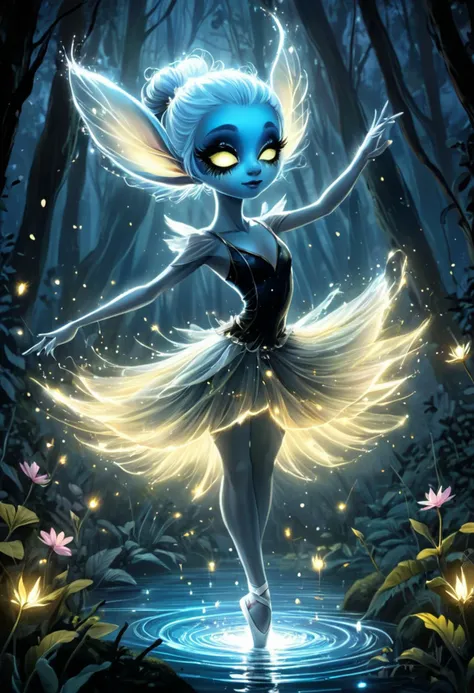 <lora:artfullyEIGHLEIGHEN SDXL V1_epoch_4:1>,artalien, , A cute alien ballerina dancing in the style of League of Legends splash art, A cute alien girl with blue skin and glowing eyes in a white tutu dancing on the river. The art has a fantasy style with the digital painting showing glowing light from under her feet. She wears a white flower petal dress with a dark forest background. It is a high resolution, a white tutu and hair in elegant swirls standing on her tiptoes surrounded by fireflies dancing around her in the dark forest. She is surrounded by trees that have flowers for leaves. The lighting casts soft shadows over her, creating a magical atmosphere in the style of an illustration., hyper realistic digital illustration with cinematic lighting in the style of rossdraws. The piece has smooth brush strokes characteristic of fantasy character design., with a white flower glowing behind her in a dark forest at night, white tutu with yellow and pink accents