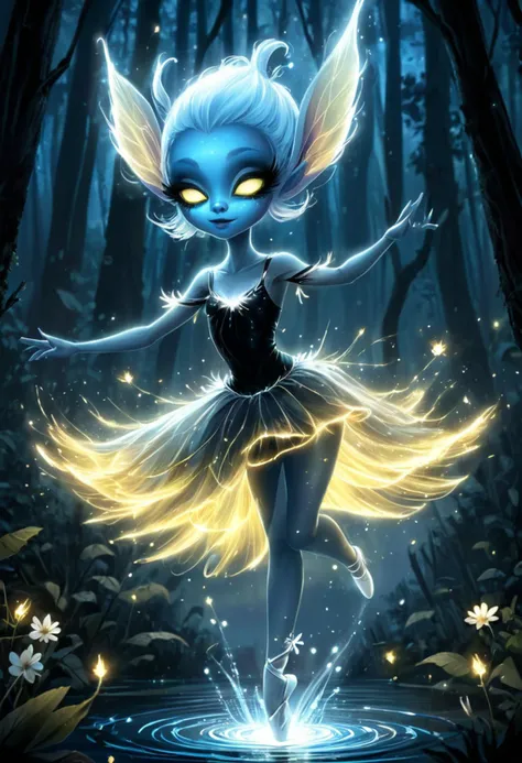 <lora:artfullyEIGHLEIGHEN SDXL V1_epoch_4:1>,artalien, , A cute alien ballerina dancing in the style of League of Legends splash art, A cute alien girl with blue skin and glowing eyes in a white tutu dancing on the river. The art has a fantasy style with the digital painting showing glowing light from under her feet. She wears a white flower petal dress with a dark forest background. It is a high resolution, a white tutu and hair in elegant swirls standing on her tiptoes surrounded by fireflies dancing around her in the dark forest. She is surrounded by trees that have flowers for leaves. The lighting casts soft shadows over her, creating a magical atmosphere in the style of an illustration., hyper realistic digital illustration with cinematic lighting in the style of rossdraws. The piece has smooth brush strokes characteristic of fantasy character design., with a white flower glowing behind her in a dark forest at night, white tutu with yellow and pink accents