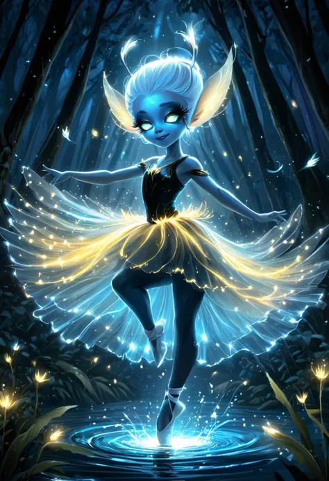 <lora:artfullyEIGHLEIGHEN SDXL V1_epoch_4:1>,artalien, , A cute alien ballerina dancing in the style of League of Legends splash art, A cute alien girl with blue skin and glowing eyes in a white tutu dancing on the river. The art has a fantasy style with the digital painting showing glowing light from under her feet. She wears a white flower petal dress with a dark forest background. It is a high resolution, a white tutu and hair in elegant swirls standing on her tiptoes surrounded by fireflies dancing around her in the dark forest. She is surrounded by trees that have flowers for leaves. The lighting casts soft shadows over her, creating a magical atmosphere in the style of an illustration., hyper realistic digital illustration with cinematic lighting in the style of rossdraws. The piece has smooth brush strokes characteristic of fantasy character design., with a white flower glowing behind her in a dark forest at night, white tutu with yellow and pink accents