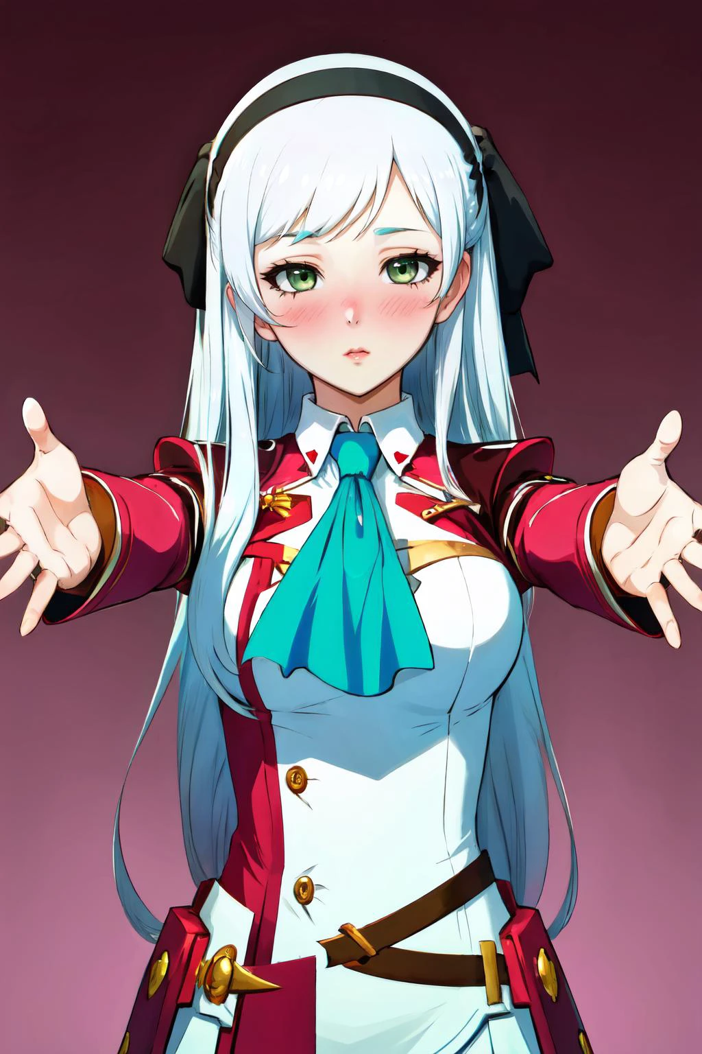 Highly detailed, High Quality, Masterpiece, beautiful, 1girl, elie macdowell, green eyes, hairband, blue ascot, hair ribbon, long sleeves, <lora:Char_Meme_ElieMacDowell:0.9>, incoming hug, incoming kiss, <lora:Pos_IncomingHugKiss:0.8>, (white hair:1.2), blush,