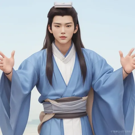 short shot, long haired asian male, incoming hug, blue hanfu <lora:incominghugAlpha16:1> <lora:Yulexuanblue5:0.7>