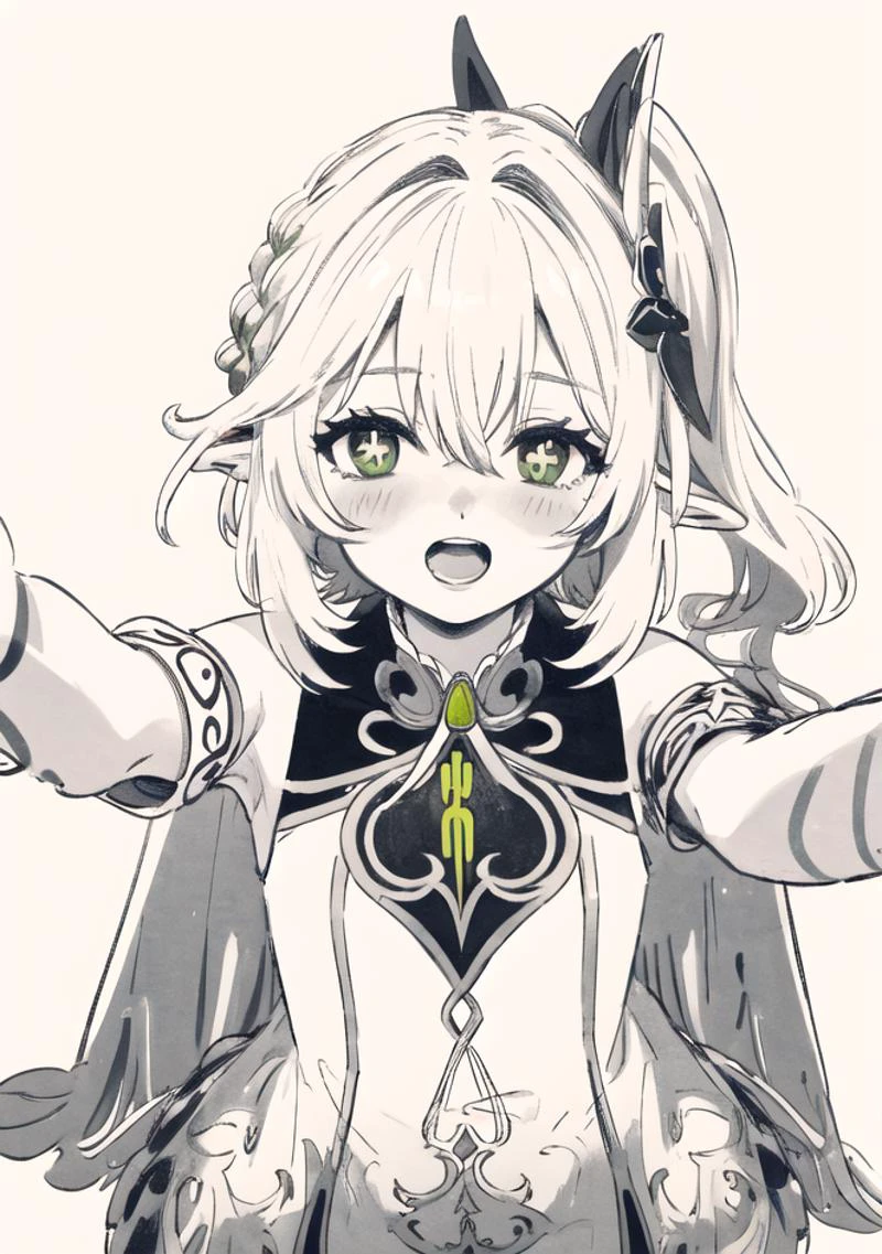 masterpiece,best quality,ultra-detailed,illustration,1girl,solo,an extremely delicate and beautiful,white background,simple background,hair spread out,(happy:1.1),standing,long hair,upper body,bare shoulders,looking at viewer,open mouth,<lora:Nahida3:1>,1girl,nahida_genshin,default_dress,cross-shaped pupils,green cape,blush,hair between eyes,<lora:mylora_shouhui:1>,hand-drawn art,monochrome,Unpainted,<lora:incominghugAlpha16:0.9>,incoming hug,(hands out of frame:1.2),from above,