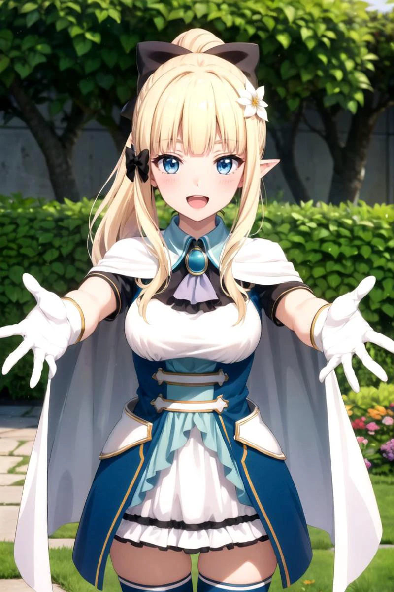 masterpiece, best quality, cowboy shot, 1girl, medium breasts, <lora:incomingHugKiss_v12:0.65>, incoming hug, incoming kiss, standing,
<lora:saren_v1:0.4>, aasaren, long hair, blonde hair, hair bow, black bow, hair ornament, blunt bangs, pointy ears, large breasts, brooch, white cape, aqua dress, underbust, short sleeves, white gloves, white skirt, frilled skirt, white thighhighs
<lora:PrincessConnect_Saren:0.7>, Saren, blonde hair, long hair, blue eyes, blunt bangs, pointy ears, hair bow, ponytail, sidelocks, blush, :D,
flowers, bushes, in the garden,