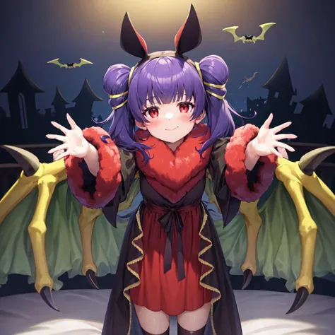 masterpiece, best quality, absurdres, 1girl, standing ,light smile, multi-tied hair, red eyes, blush, myrrh_fe_halloween, halloween, hairband, fur trim, bat ears, dragon wings, incoming hug, <lora:Myrrh_fe:0.9>, <lora:incomingHug_v11:1>, bedroom
