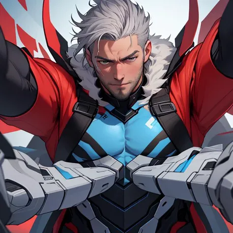handsome shirtless young adult manly man, grey hair, best quality, color scheme blue , incoming hug, <lora:incominghugAlpha16:1>