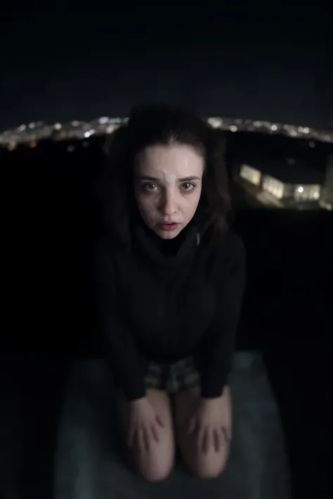 Fish eye lens, Cropped sweater with a flannel shirt tied around the waist, Rooftop bar overlooking a vibrant nightlife, (security footage), downblouse, grayscale, view from above, mirror, overhead view, looking down,at night <lora:LowRA:1>, (wet hair), (cum on face:1.4) <lora:facial_cumsluts:1.1>