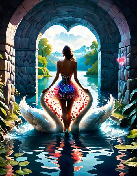 masterpiece,highres,1girl,fashion,romantic aura,love-tunnel,water lake,heart patterned dress,swan_boat,<lora:PsycoRetroDystopia_Style:1>,<lora:perfect feet:1>,<lora:Perfect Hands:1>,