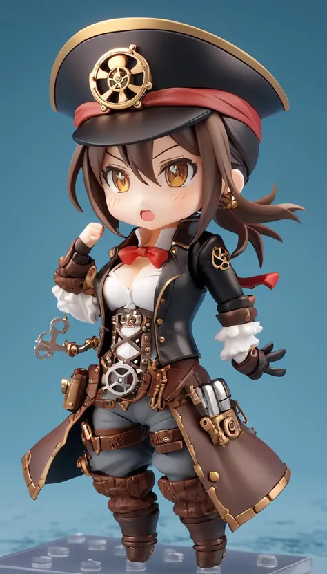 Cinematic scene, hero view, female steampunk pirate, action pose, detailed background, masterpiece, best quality, high quality, highres, absurdres, nendoroid <lora:nendoroid_xl_v4:1>