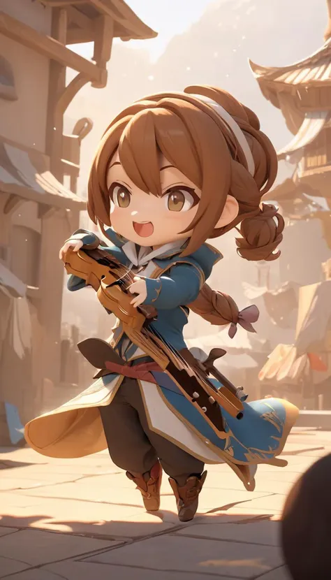 Cinematic scene, hero view, female bard, action pose, detailed background, masterpiece, best quality, high quality, highres, absurdres, chibi <lora:nendoroid_xl_v4:1>