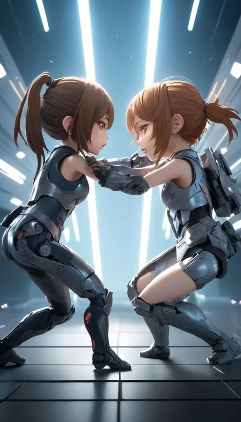 Cinematic scene, two females fighting each other, sci-fi, detailed background, masterpiece, best quality, high quality, highres, absurdres, photo realistic, chibi <lora:nendoroid_xl_v4:1>