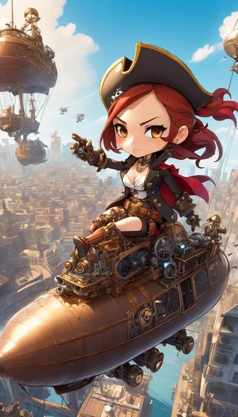 Cinematic scene, hero view, female pirate on the deck of an airship fighting robots over a city, steampunk, action pose,, vivid, detailed background, masterpiece, best quality, high quality, highres, absurdres, chibi <lora:nendoroid_xl_v7:1>