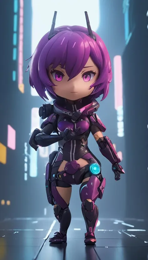 Cinematic scene, hero view, female cyberpunk woman, action pose, detailed background, masterpiece, best quality, high quality, highres, absurdres, chibi <lora:nendoroid_xl_v5:1>