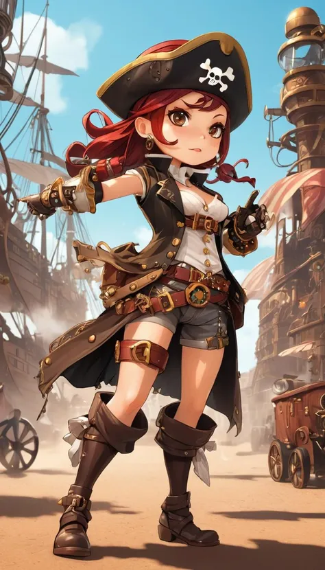 Cinematic scene, hero view, female steampunk pirate, action pose, detailed background, masterpiece, best quality, high quality, highres, absurdres, chibi <lora:nendoroid_xl_v4:1>