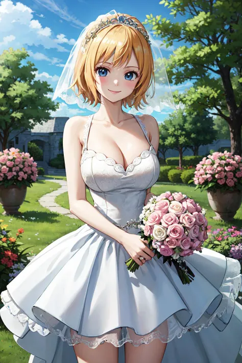 masterpiece,best quality,highres,ultra-detailed,koala \(one piece\),short hair,large breasts,cleavage,<lora:koala_(one_piece):0.7>,(wedding dress:1.2),(veil:1.2),garden,smile,outdoors,standing,cowboy shot,holding bouquet,