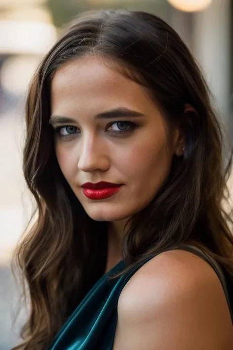 Realistic photo of a beautiful 3m1lyvc woman, 1girl, solo, long hair, looking at viewer, blue eyes, brown hair, parted lips, blurry, lips, makeup, depth of field, blurry background, lipstick, portrait, realistic, red lips, soft lighting, professional Photography, Photorealistic, detailed, RAW, analog, sharp focus, 8k, HD, DSLR, high quality, Fujifilm XT3, film grain, award winning, masterpiece<lora:3v4gr33n:1.0>