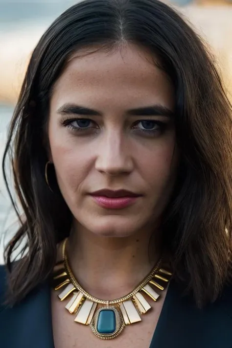 Realistic photo of a beautiful 3m1lyvc woman, 1girl, solo, long hair, looking at viewer, blue eyes, black hair, bare shoulders, jewelry, necklace, blurry, lips, blurry background, portrait, realistic, soft lighting, professional Photography, Photorealistic, detailed, RAW, analog, sharp focus, 8k, HD, DSLR, high quality, Fujifilm XT3, film grain, award winning, masterpiece<lora:3v4gr33n:1.0>