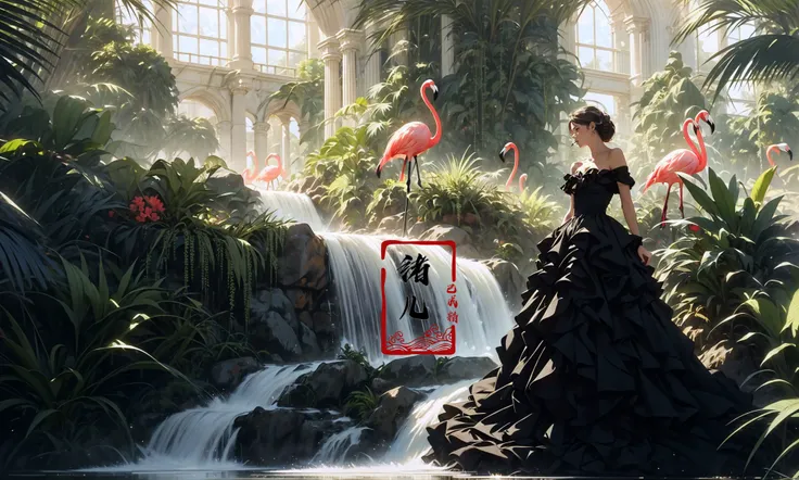 1girl, (Black off-the-shoulder dress:1.5), in the style of timeless artistry, (flamingos:1.1)Backlight, light contrast, high contrast, high saturation
modern art, green, white and red, photography, advanced sense, futuristic sense, freshness princesscore, trompe l'oeil, refined aesthetic sensibility, exquisite clothing detail, gorgeous, fluid movements, reimagined religious art, photorealistic 32K resolution, full - body photos, super vista, super wide Angle, HD
(Real waterRealistic waterflowing water:1.1)ripples(fountain:1.2) (marble columns:1.3)(smoke:1.4)
<lora:~Q?-pkp princesscore:0.8> <lora:Smoke:0.3>