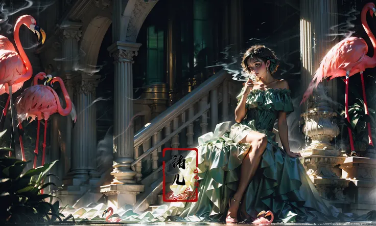 1girl, (dark green off-the-shoulder dress:1.5), in the style of timeless artistry, (flamingos:1.1)Backlight, light contrast, high contrast, high saturationBlurred background, soft light
modern art, green, white and red, photography, advanced sense, futuristic sense, freshness princesscore, trompe l'oeil, refined aesthetic sensibility, exquisite clothing detail, gorgeous, fluid movements, reimagined religious art, photorealistic 32K resolution, full - body photos, super vista, super wide Angle, HD
(Real waterRealistic waterflowing water:1.1)ripples(fountain:1.2) (marble columns:1.3)(smoke:1.4)
<lora:~Q?-pkp princesscore:0.8> <lora:Smoke:0.3>