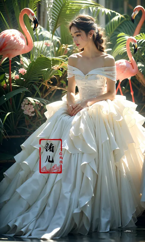 1girl, (dyellow off-the-shoulder dress:1.4), in the style of timeless artistry, flamingos and white gauze, modern art, green, white and red, photography, advanced sense, futuristic sense, freshness princesscore, trompe l'oeil, refined aesthetic sensibility, exquisite clothing detail, gorgeous, fluid movements, reimagined religious art, photorealistic 32K resolution, full - body photos, super vista, super wide Angle, HD
(Real waterRealistic waterflowing water:1.1)ripples
<lora:~Q?-pkp princesscore:0.8>