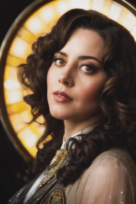 up close photo of abp,(dressed in 1920 jazz outfit), (brown hair), alluring portrait, intricate, highly detailed, digital painting, artstation, concept art, naughty, sharp focus, cinematic lighting, illustration, art by artgerm and greg rutkowski, alphonse mucha, cgsociety, <lyco:AubreyPlaza-RealVision-V1.0:1.0>