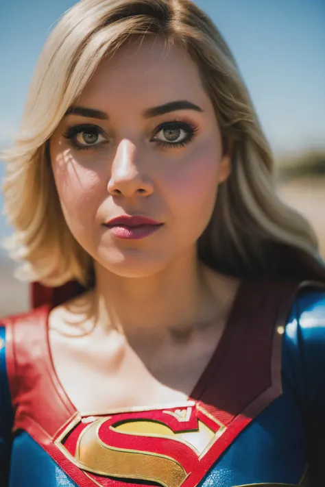 up close photo of abp, (dressed as super girl), masterpiece, best quality, ultra realistic, 8k, golden ratio, Intricate, High Detail, film photography, soft focus,<lyco:AubreyPlaza-RealVision-V1.0:1.0>