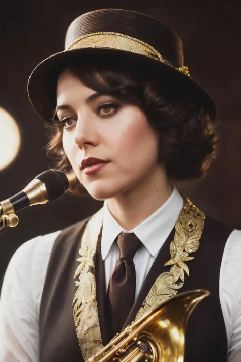 up close photo of abp,(dressed in 1920 jazz outfit), (brown hair), alluring portrait, intricate, highly detailed, digital painting, artstation, concept art, naughty, sharp focus, cinematic lighting, illustration, art by artgerm and greg rutkowski, alphonse mucha, cgsociety, <lyco:AubreyPlaza-RealVision-V1.0:1.0>