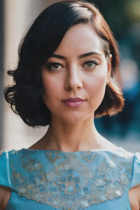 photoshoot of abp, (black hair), (medium length hair),, detailed skin texture, (blush:0.2), (goosebumps:0.3), (light blue dress), subsurface scattering, Photorealistic, Hyperrealistic, Hyperdetailed, analog style, hip cocked, demure, detailed skin, matte skin, soft lighting, subsurface scattering, realistic, heavy shadow, masterpiece, best quality, ultra realistic, 8k, golden ratio, Intricate, High Detail, film photography, soft focus,<lyco:AubreyPlaza-RealVision-V1.0:1.0>