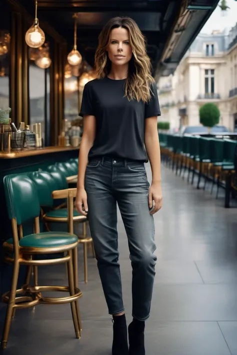<lora:kate_beckinsale_xl_lora_40:1> kate beckinsale fashion portrait photo of a beautiful 26 y.o woman, half smile, in a paris cafe, standing legs apart, fashion strong pose, heels, wearing a black plain t-shirt and long jeans, don't give a fuck, moody, vines, organic, modern, (high detailed skin:1.2), 8k uhd, dslr, soft lighting, high quality, film grain, Fujifilm XT3