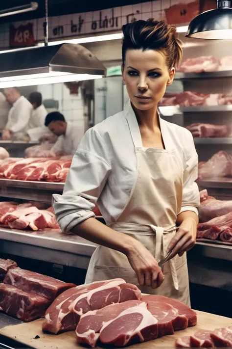<lora:kate_beckinsale_xl_lora_40:1> kate beckinsale woman a beautiful woman, 26 years old, with a crew cut hairstyle with black fade hair and bangs!!!!!!, in a Paris butcher shop, surrounded by hanging meat, (high detailed skin:1), 8k uhd, dslr, soft lighting, high quality, film grain, Fujifilm XT3