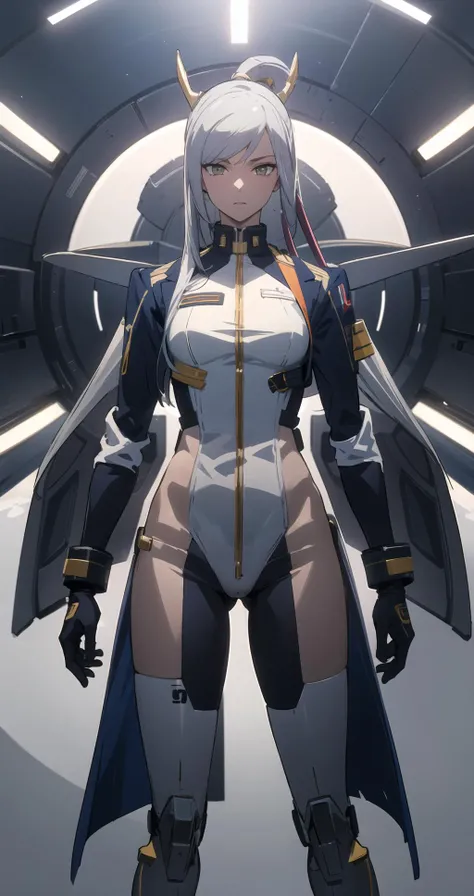 (masterpiece, best quality),villetta_nu,uniform,military uniform,hangar background,hangar,mech background,futuristic,<lora:villetta_nu:0.8>,
