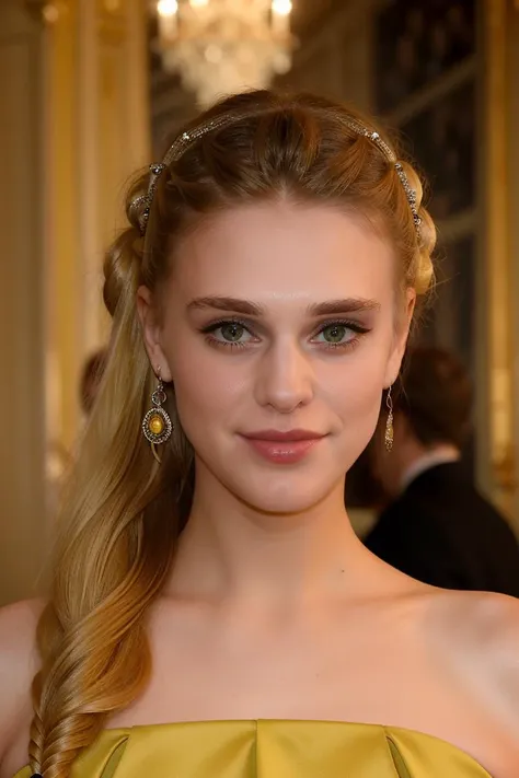 professional photograph of GW Woman, long blonde hair, tied up hair, she's in a party inside the palace of Versailles, she's smiling at the viewer, wearing earrings, wearing a long yellow dress, she's stunningly beautiful, wearing makeup, lipstick, eyeliner. Elegant aristocratic party, 8k, masterpiece, highest quality, highly detailed face. <lora:GaiaWeiss-1599-byMal:0.9>