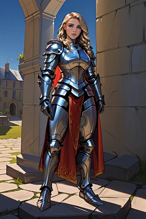 professional photograph of GW Woman, full body shot, long blonde hair, braided hair, she's a medieval knight, wearing full body ornate plate armor, (dragon embossed on her chestplate) (wearing metallic legplates, silver plate legplates), (she's a holy paladin, glowing divine aura), and a long red cloak, (ornate silver plate armor), she's standing in a French medieval castle, with flags from the walls, highly detailed background, ray-tracing, sunrays, she's smiling at the viewer, muscular body, 8k, masterpiece, highest quality, highly detailed face. <lora:GaiaWeiss-1599-byMal:0.8>  <lora:adventurer2.0-6:0.4>