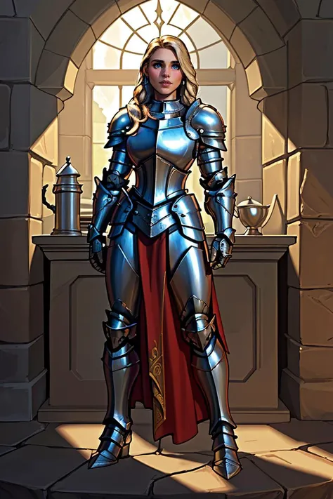 professional photograph of GW Woman, full body shot, long blonde hair, braided hair, she's a medieval knight, wearing full body ornate plate armor, (dragon embossed on her chestplate) (wearing metallic legplates, silver plate legplates), (she's a holy paladin, glowing divine aura), and a long red cloak, (ornate silver plate armor), she's standing in a French medieval castle, with flags from the walls, highly detailed background, ray-tracing, sunrays, she's smiling at the viewer, muscular body, 8k, masterpiece, highest quality, highly detailed face. <lora:GaiaWeiss-1599-byMal:0.8> <lora:adventurer2.0-6:0.4>