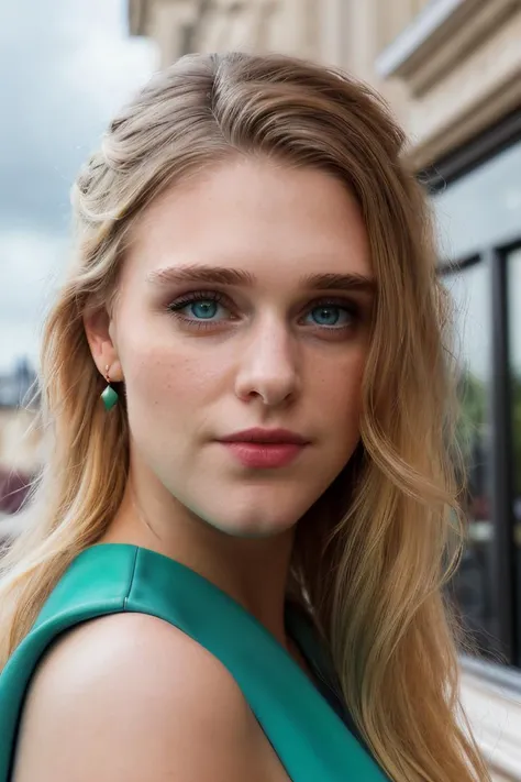 Professional photograph of GW Woman, close up, portrait, she has long blonde hair combed to the sides, she's standing on the balcony of her apartment in London, smiling at the viewer, wearing earrings, red lipstick and eyeliner, it's a toothy smile, light green eyes with beautiful iris. She's wearing a (black sundress). (landscape view of London city in the background), cloudy sky, ray-tracing, sunrays, photorealistic, 4k, 8k, masterpiece, by bokeh, absurdres, highest quality <lora:GaiaWeiss-1599-byMal:1>