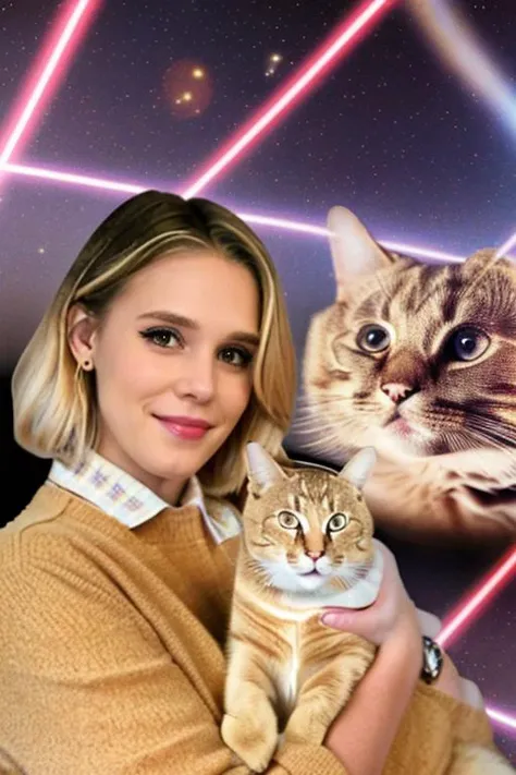 Professional photograph of <lora:GaiaWeiss-1599-byMal:0.8> GW Woman, blonde hair, meme, 1girl, holding cat, laser background, cat images in the background, cowboy shot, <lora:Meme_AwkwardCatPhoto:0.9>, highest quality, 4k, 8k, masterpiece, absurdres, bokeh.