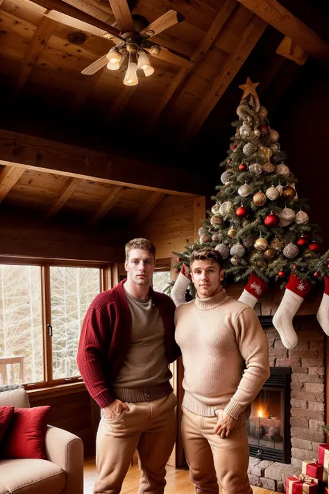 two men standing next to each other in a charming Swiss chalet interior, cozy atmosphere, exposed wooden beams, high ceilings, large inviting fireplace, large windows, plush furniture, warm soft lighting, natural light
ADDCOMM
<lora:patrickleblanc_34200:0.8> patrickleblanc person wearing a (Christmas) cardigan and pants
ADDCOL
samcushing person <lora:samcushing_47700:1> wearing a well-fitted (Christmas) sweater and trousers