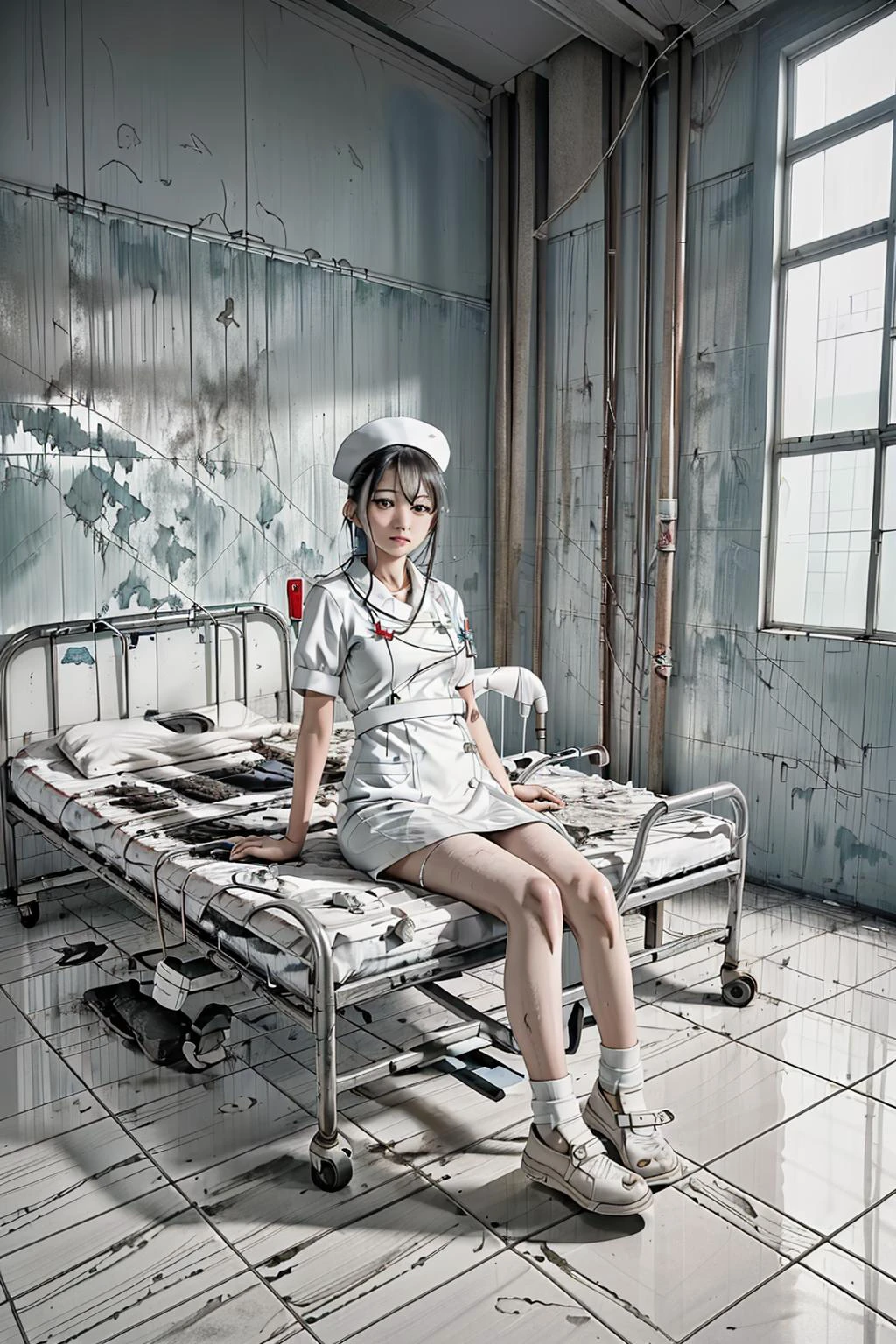 1girl, NURSE UNIFORM, NURSE CAP, <lora:lora:0.8> , <lora:abandoned hospital_v1:0.6> ruanyi060,tile floor,tile wall,white_tile wall, dirty floors, garbage, dirty hospital bed