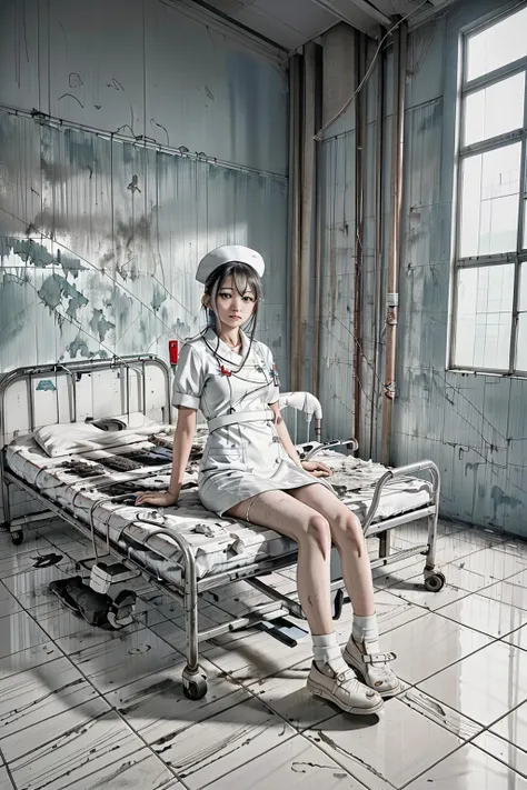 1girl, NURSE UNIFORM, NURSE CAP, <lora:lora:0.8> ,  <lora:abandoned hospital_v1:0.6> ruanyi060,tile floor,tile wall,white_tile wall, dirty floors, garbage, dirty hospital bed