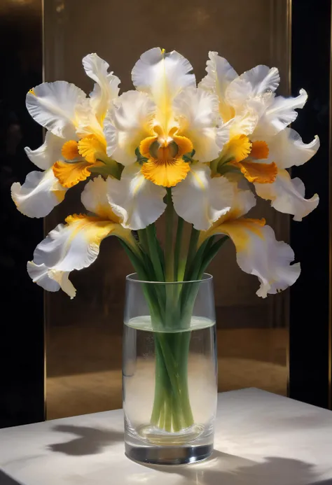 rich veined irises, luxurious reflection play, surrealistic brushwork, polished surfaces, integrating dynamic, distinct clothing, chiseled cheekbones, polished surfaces, polished objects, soft fabric texture, deep set pupils, embracing warmth and softness, depicting opulent glints from metallic embellishments, merging surreal motifs with precise brushstrokes, capturing microvisual details, polished objects catch ambient illumination