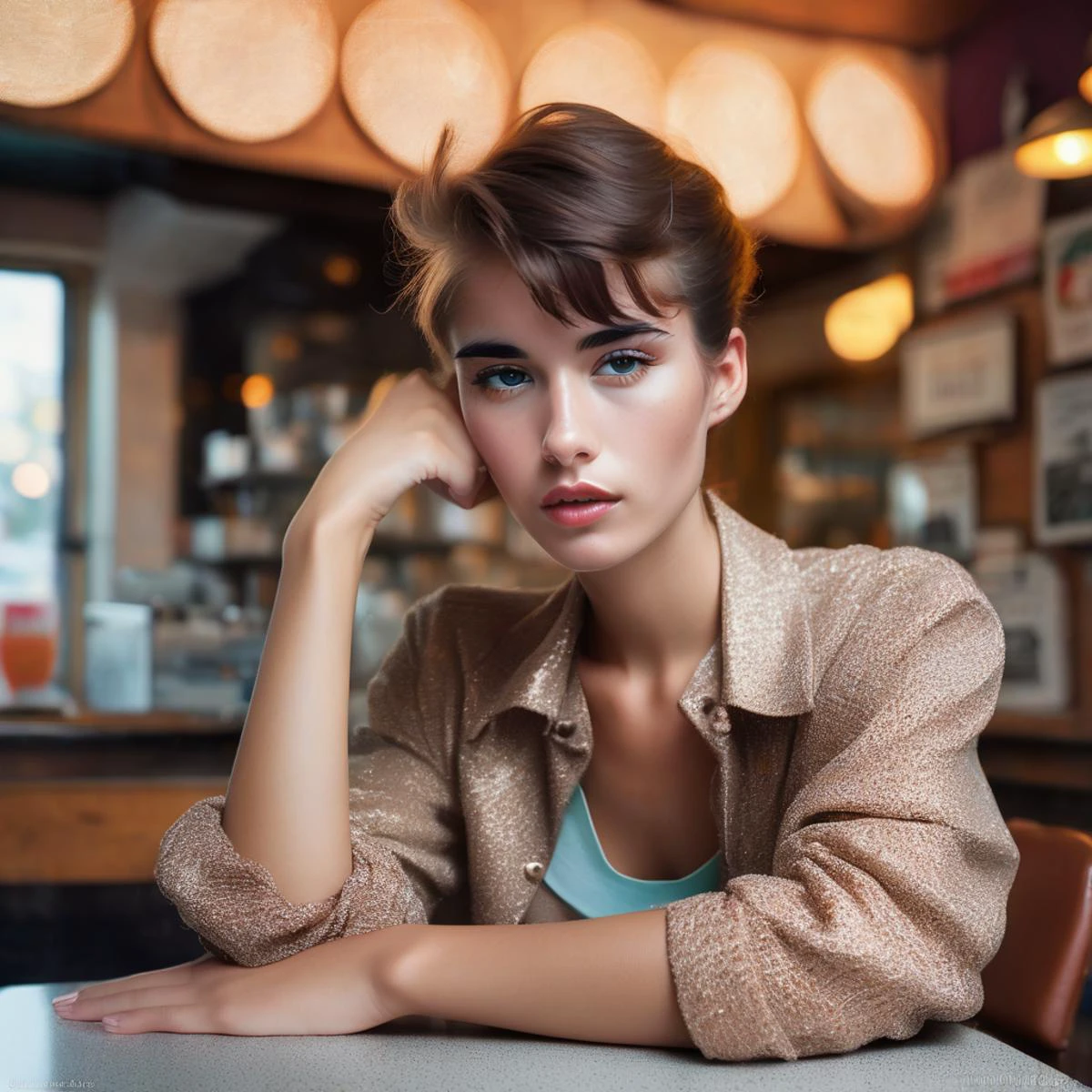 nessa a close up portrait photo of 26 y.o woman, Sassy Undercut Pixie , pale skin, detailed skin, tan, (freckles:.5), sitting, face closeup, 70s clothing, vintage coffee shop, chiaroscuro lighting, eye level, shot onlarge format, Fujicolor Pro, bokeh, in style of Miles Aldridge