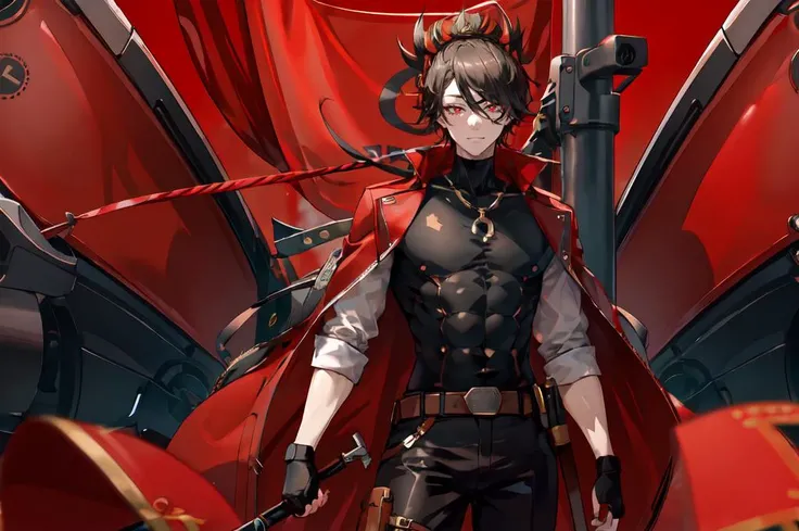 ultra detailed, masterpiece, best quality, <lora:ub1mo:0.9>, ub1mo, 
solo, argentina, red theme, black theme, 
cowboy shot,
facing viewer,
soft smile, light smile,
1boy, red eyes, <lora:Tsurime3:1>, (tsurime:1.2), black hair, undercut, top knot, parted bangs, long bangs, short hair, tall, hair intakes,
, coat on shoulders, dress shirt, sleeves rolled up, fingerless gloves, holster, pants, belt, multiple belts, combat boots, bulletproof vest,