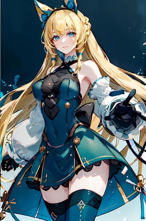 ultra detailed, masterpiece, best quality, <lora:ub1mo:1>, ub1mo, 
(solo:1.3), argentina, (blue theme:1.5), android,  mechanical parts, 
cowboy shot,
facing viewer,
soft smile, light smile,
1girl, blue eyes, long blonde hair, french braid, bangs, medium breasts, long hair, blonde hair,
hair ribbon, frilled choker, criss-cross halter, sleeveless dress, high-waist skirt, backless dress, waist bow, detached sleeves, frilled sleeves, wide sleeves, pantyhose, patterned legwear, mary janes,