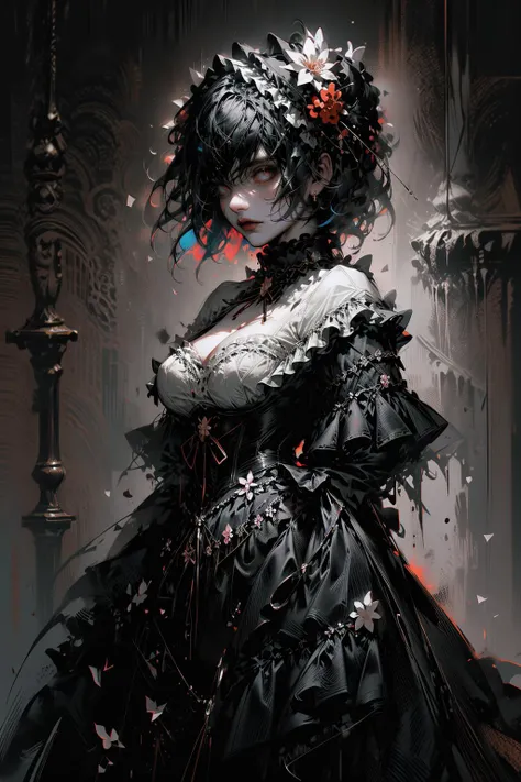 (masterpiece:1.1), (best quality:1.1), (detailed:1.0), (vibrant colors:1.2), BREAK, (goth girl:1.0), (corset:1.0), (frills:1.0), (flowers:1.2), (large breasts:1.0), (strokes of color:1.5), (glowing:1.1), <lora:poodlepunk:0.8>, BREAK, (pillars:1.1), (arches:1.1),
