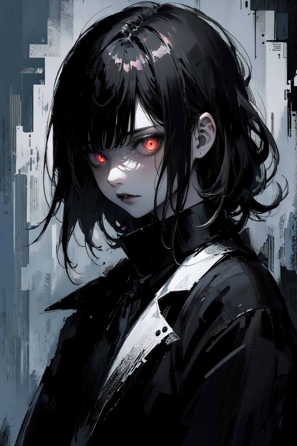 A close up of a person with red eyes and a black jacket - SeaArt AI