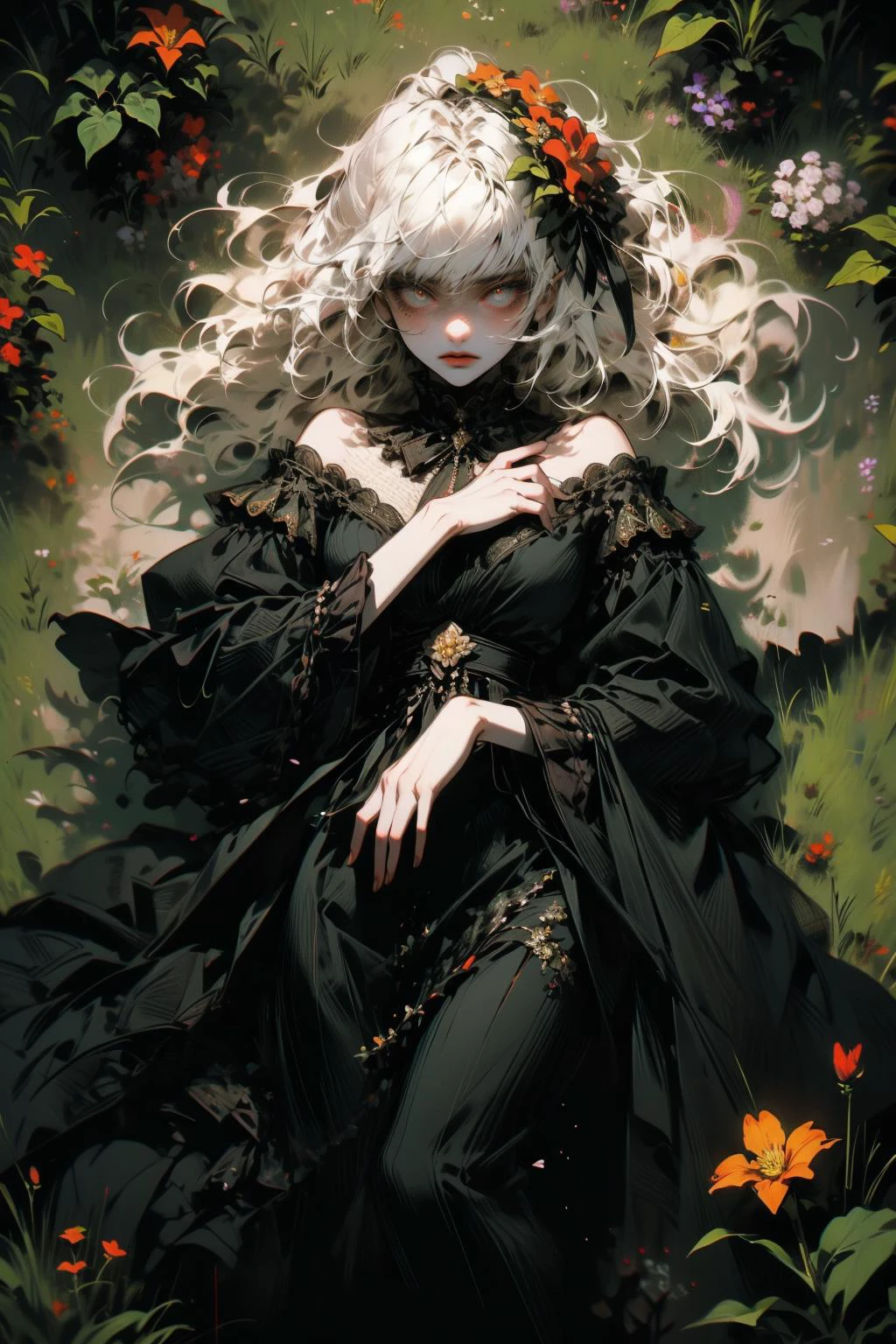 (masterpiece:1.4), (intricate:1.2), (detailed:1.2), (vibrant colors:1.2), BREAK,
(fantasy:1.2), (from above:1.2), (glowing:1.2), (luminescent:1.2), BREAK,
(1girl:1.2), (lying down on grass:1.2), (floral ornament:1.0), <lora:poodlepunk:0.8>, BREAK,
(garden:1.2), (flowers:1.2)