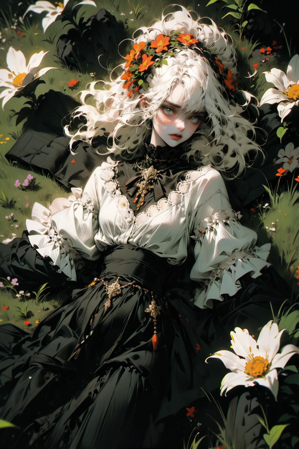 (masterpiece:1.4), (intricate:1.2), (detailed:1.2), (vibrant colors:1.2), BREAK,
(fantasy:1.2), (from above:1.2), (glowing:1.2), (luminescent:1.2), BREAK,
(1girl:1.2), (lying down on grass:1.2), (floral ornament:1.0), <lora:poodlepunk:0.8>, BREAK,
(garden:1.2), (flowers:1.2)