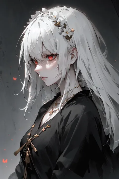 <lora:poodlepunk:0.5>, masterpiece, best quality, best quality,Amazing,Beautiful red eyes,finely detail,Depth of field,extremely detailed CG unity 8k wallpaper, masterpiece,(((Long dark white hair))),miko,(Hazy fog),{Fluttering hair},{Thick hair},{{{Gelatinous texture}}},{profile},(Ruins of beautiful details),{Close-up of people},{{{Smooth skin}}},(((upper body))),(Smooth and radiant skin),(Smooth and radiant face),Perfect details,Beautifully gorgeous necklace,,